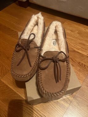 UGG Chestnut Brown Suede Moccasin Slippers with Cream Shearling